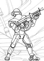 do wydruku kolorowanki roboty, dla dzieci i chłopców do pomalowania cyborg wojownik z karabinem prezentuje broń